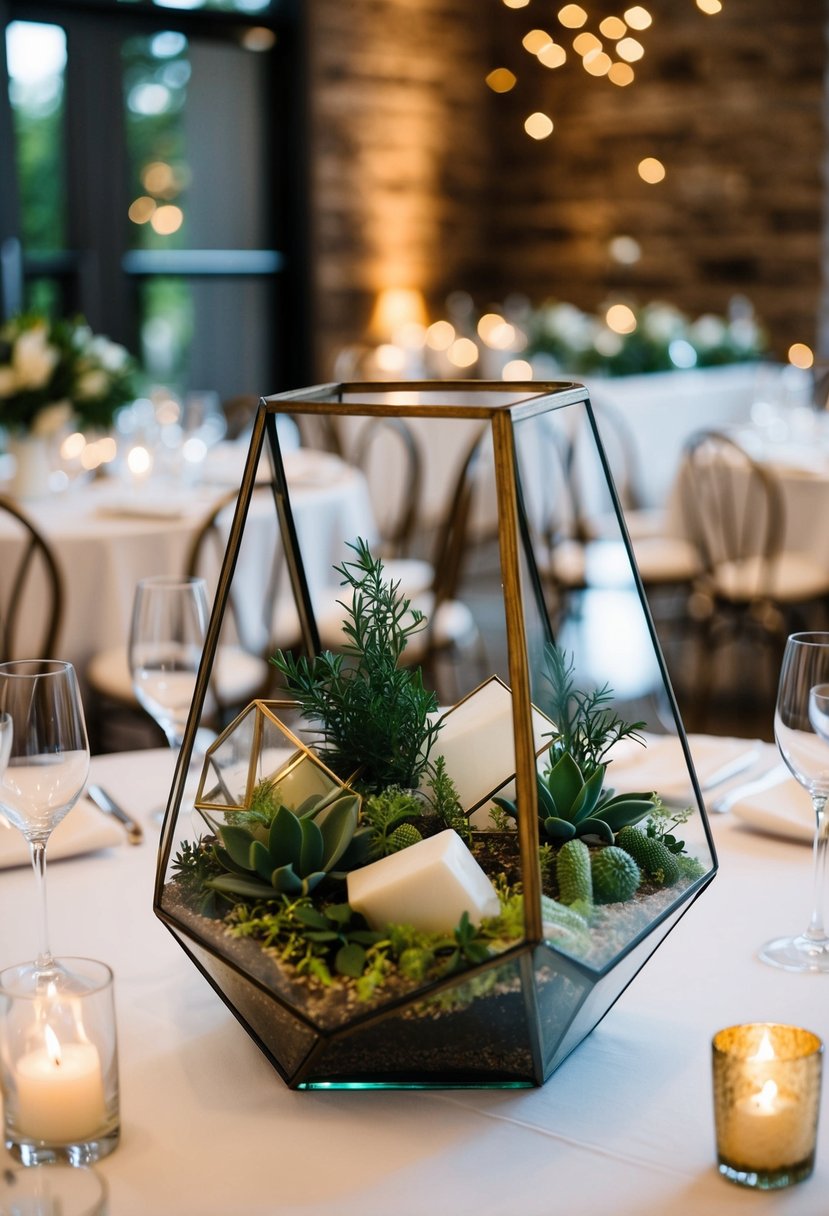 A glass terrarium filled with geometric shapes and greenery sits as a centerpiece on a wedding reception table