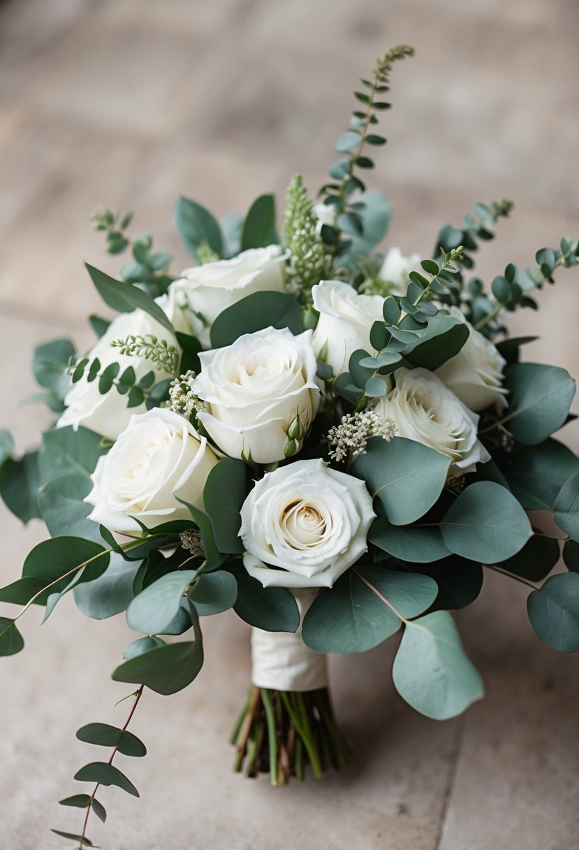 A white wedding bouquet of roses and eucalyptus, arranged in a rustic, natural style with greenery cascading from the bouquet