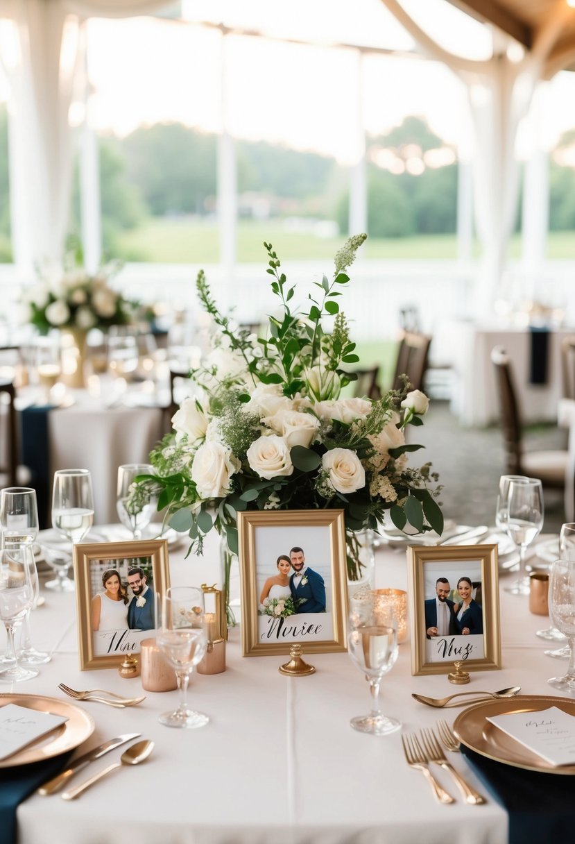 A beautifully arranged wedding table with personalized photo frames as centerpieces