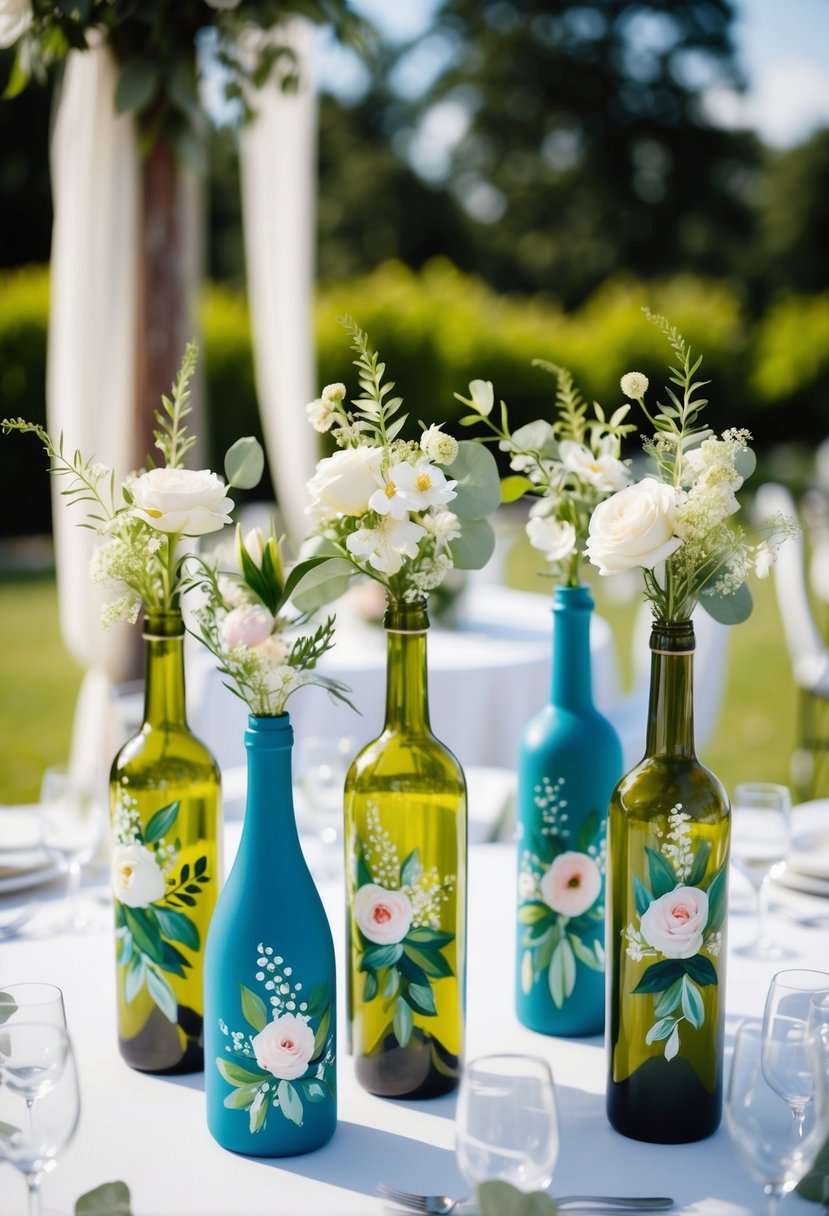 A collection of painted wine bottle vases arranged on a wedding table, each adorned with delicate flowers and greenery