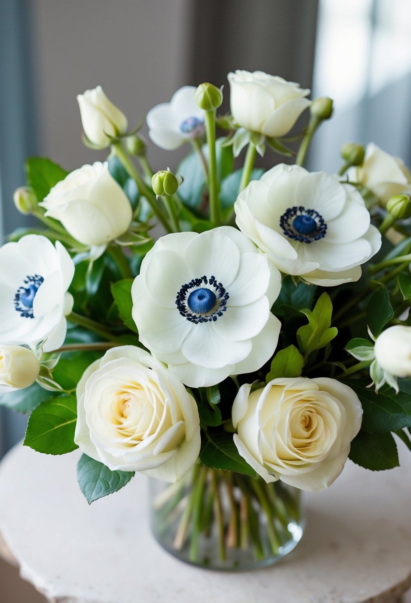 A delicate bouquet of white roses and anemones arranged in a springtime arrangement