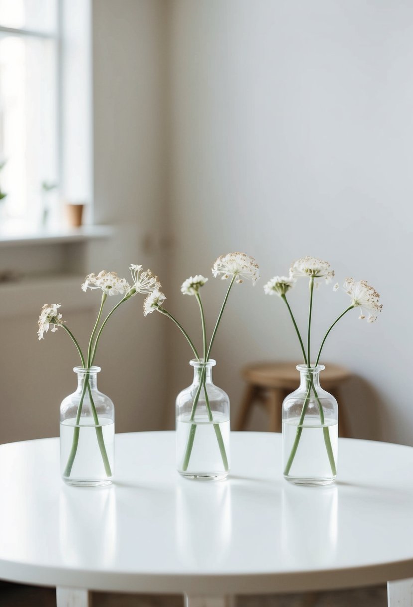 A simple white table with three small bud vases holding single stems of delicate flowers