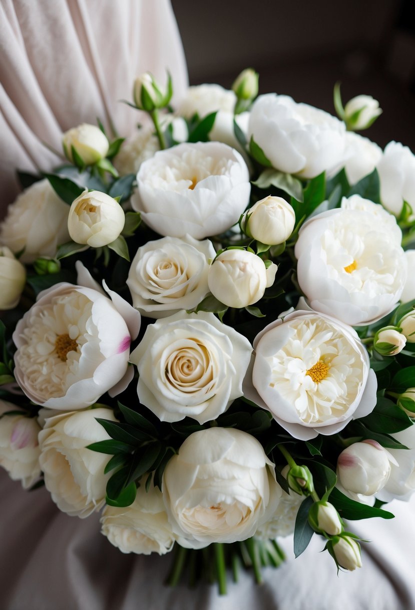 A lush bouquet of white roses and peonies, arranged in a romantic and elegant manner