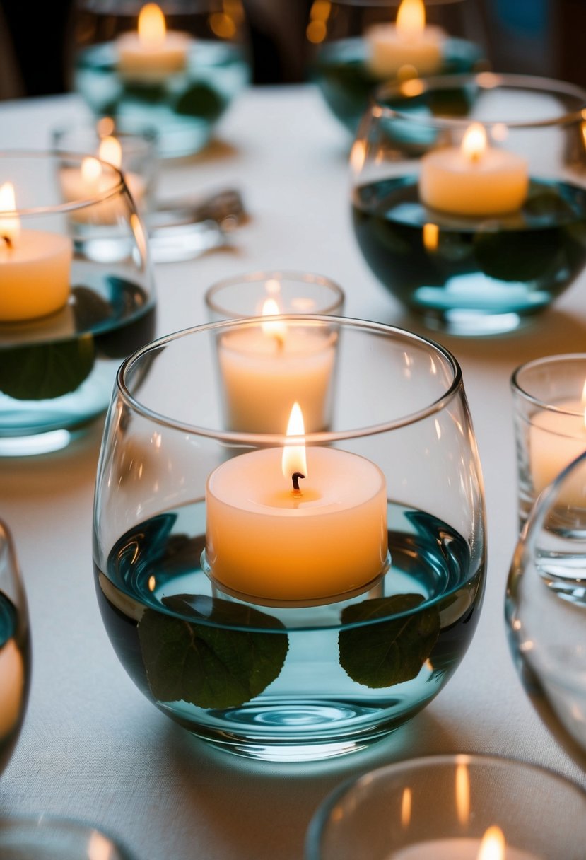 Glass bowls filled with water and floating candles, arranged as wedding table decorations