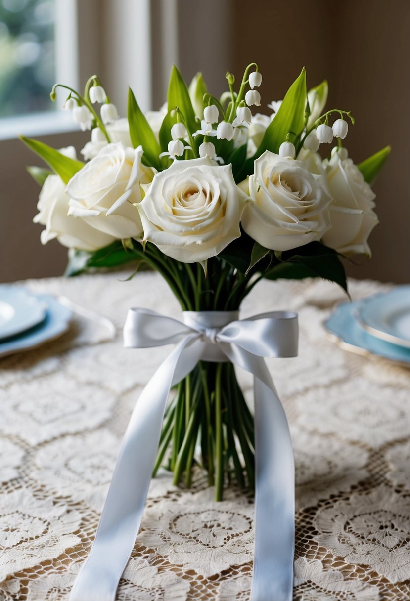 A delicate bouquet of white roses and lily of the valley, tied with a satin ribbon, rests on a vintage lace tablecloth