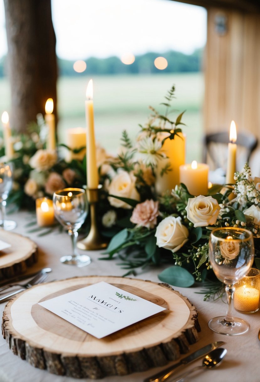 A rustic wedding table set with natural wood slice placemats, adorned with delicate floral arrangements and flickering candlelight