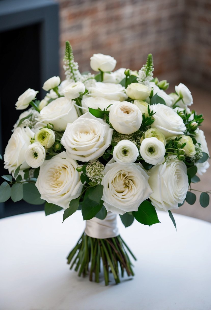 A chic white wedding bouquet with roses and ranunculus, arranged in a stylish and elegant manner