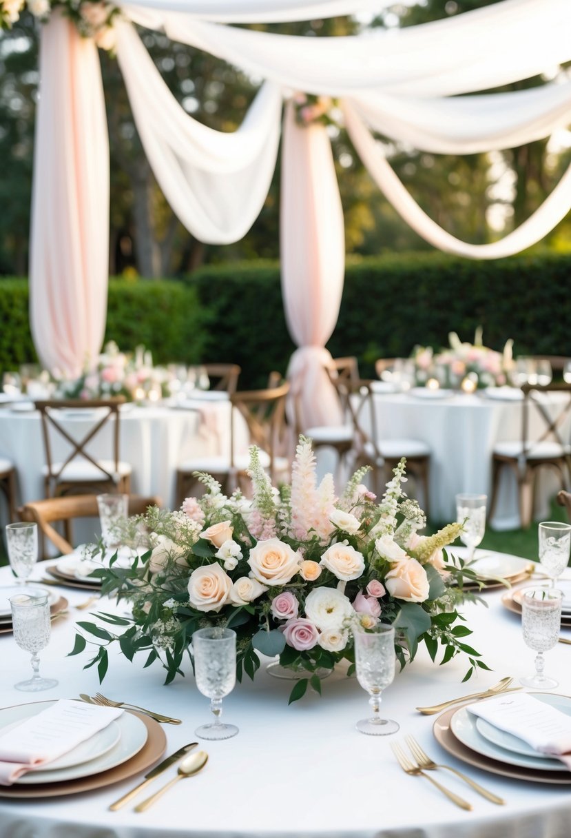 A table set with white linens and adorned with lush floral garlands in soft pastel colors, creating a romantic and elegant wedding centerpiece