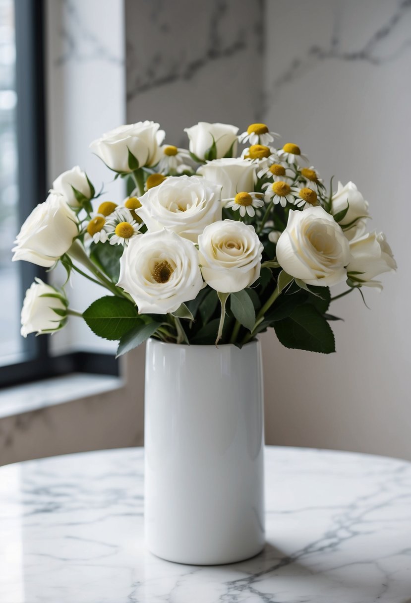 A bouquet of modern white roses and chamomile arranged in a white vase on a marble table