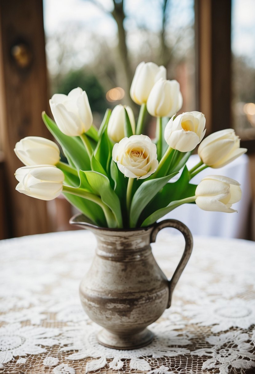 A vintage white rose and tulip wedding bouquet in a rustic vase on a lace-covered table