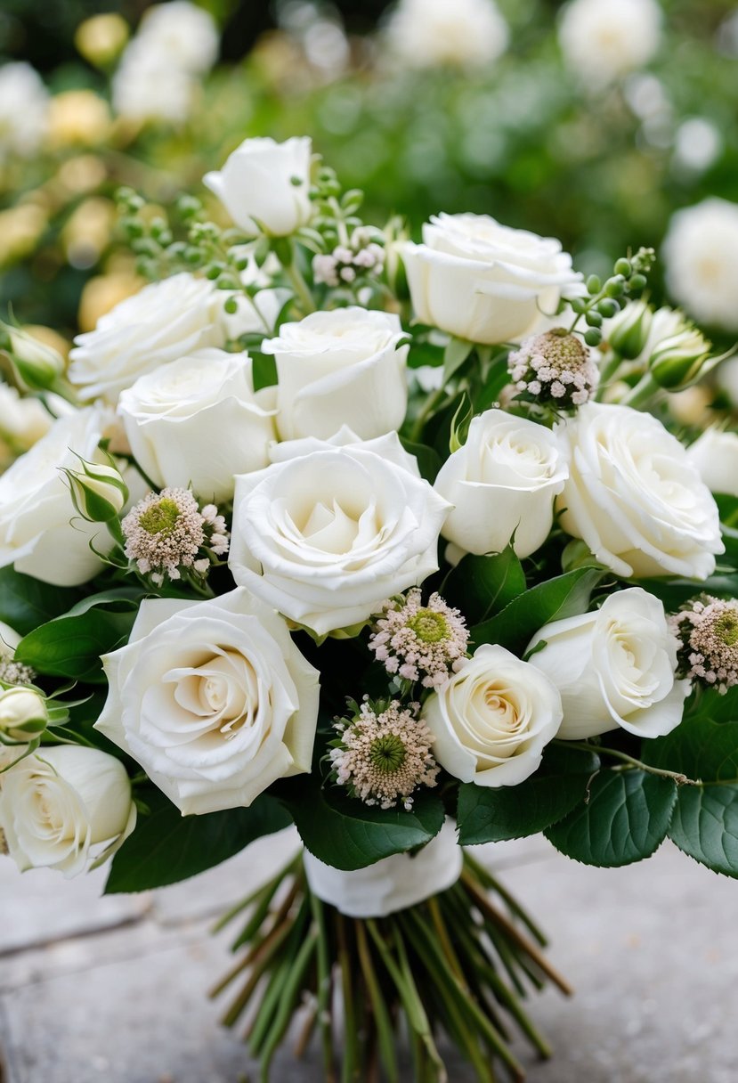 A garden of white roses and scabiosa blooms, arranged in a wedding bouquet