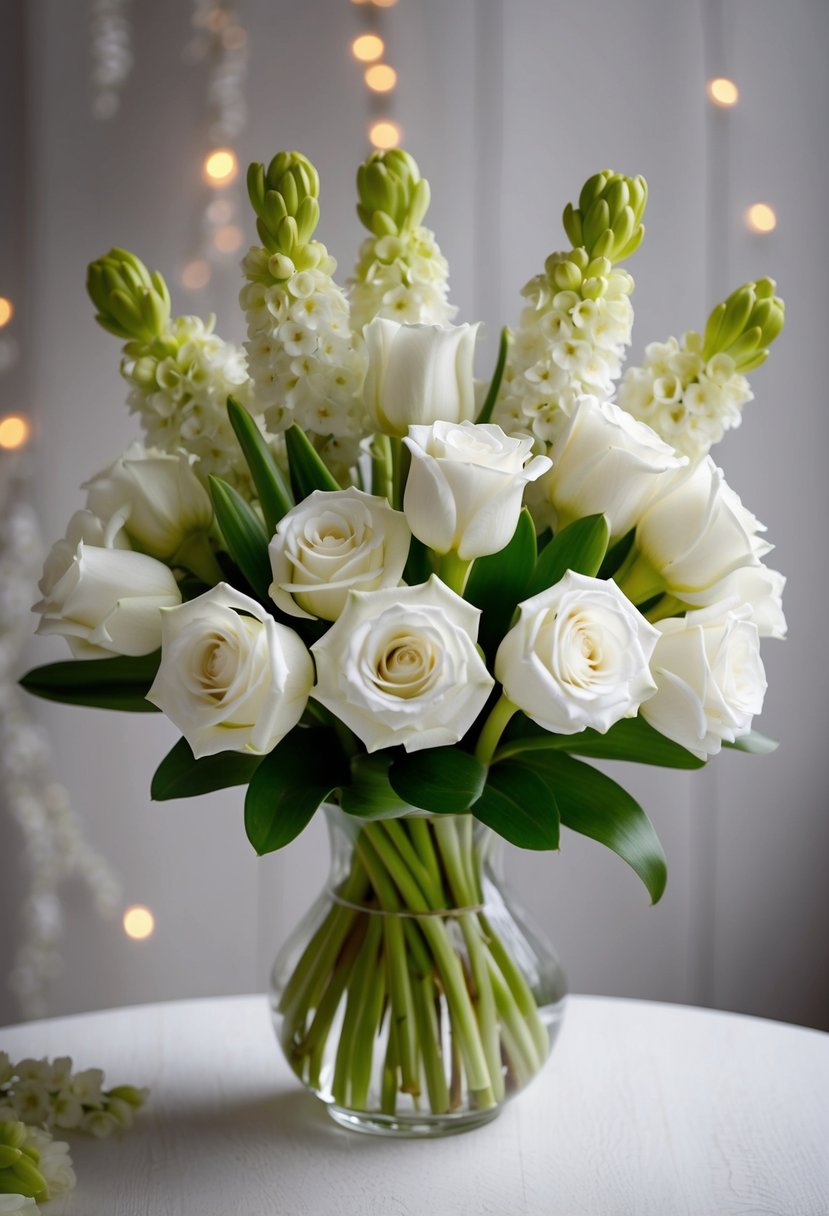 A bouquet of pure white roses and hyacinth, arranged in a delicate and elegant manner