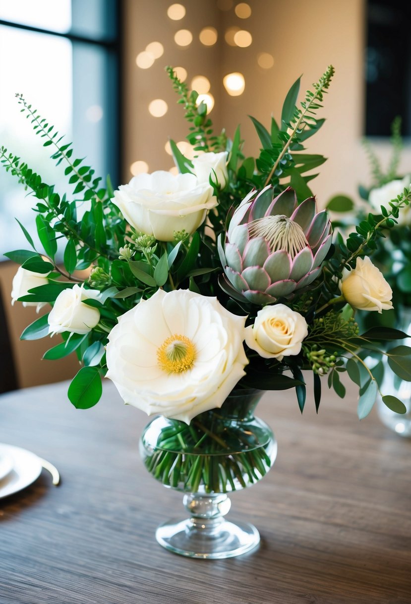 A lush arrangement of white roses and protea, with greenery, in a glass vase