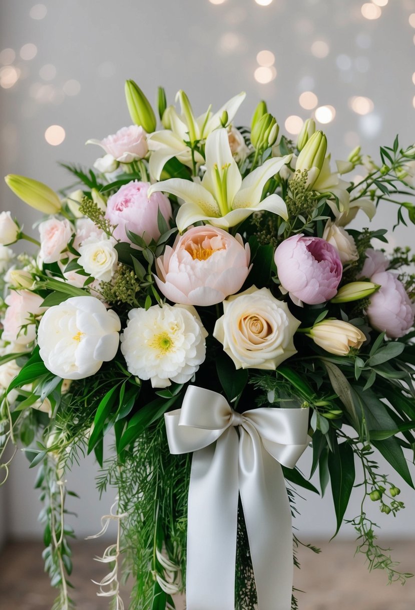 An array of delicate roses, peonies, and lilies arranged in a cascading bouquet, accented with greenery and tied with a satin ribbon