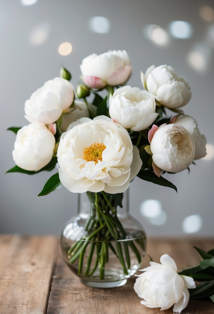 A delicate arrangement of white roses and peonies in a glass vase