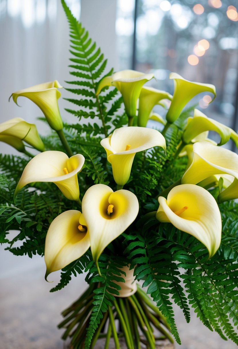 A bouquet of calla lilies and green ferns arranged elegantly