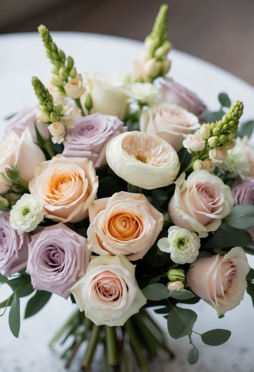 Soft pastel roses and lisianthus arranged in an elegant wedding bouquet