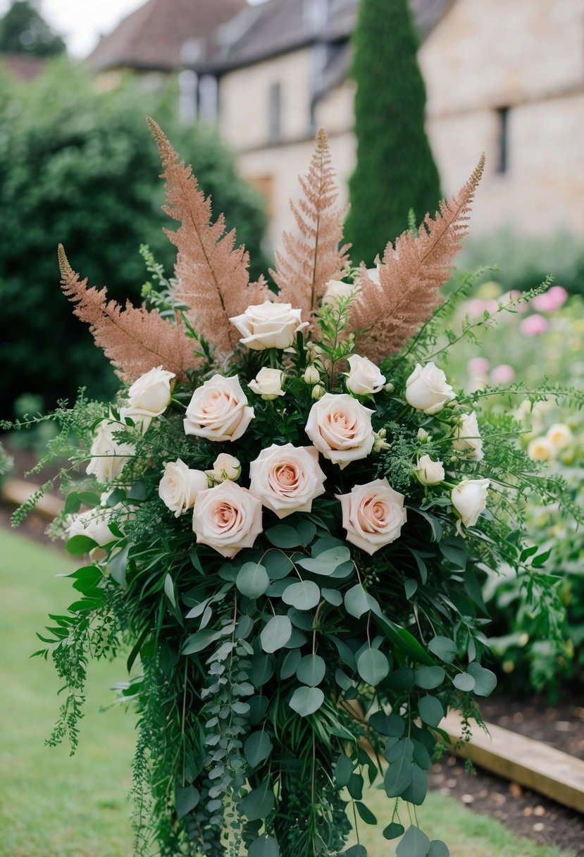 A cascading bouquet of astilbe, roses, and greenery, with a garden-style arrangement