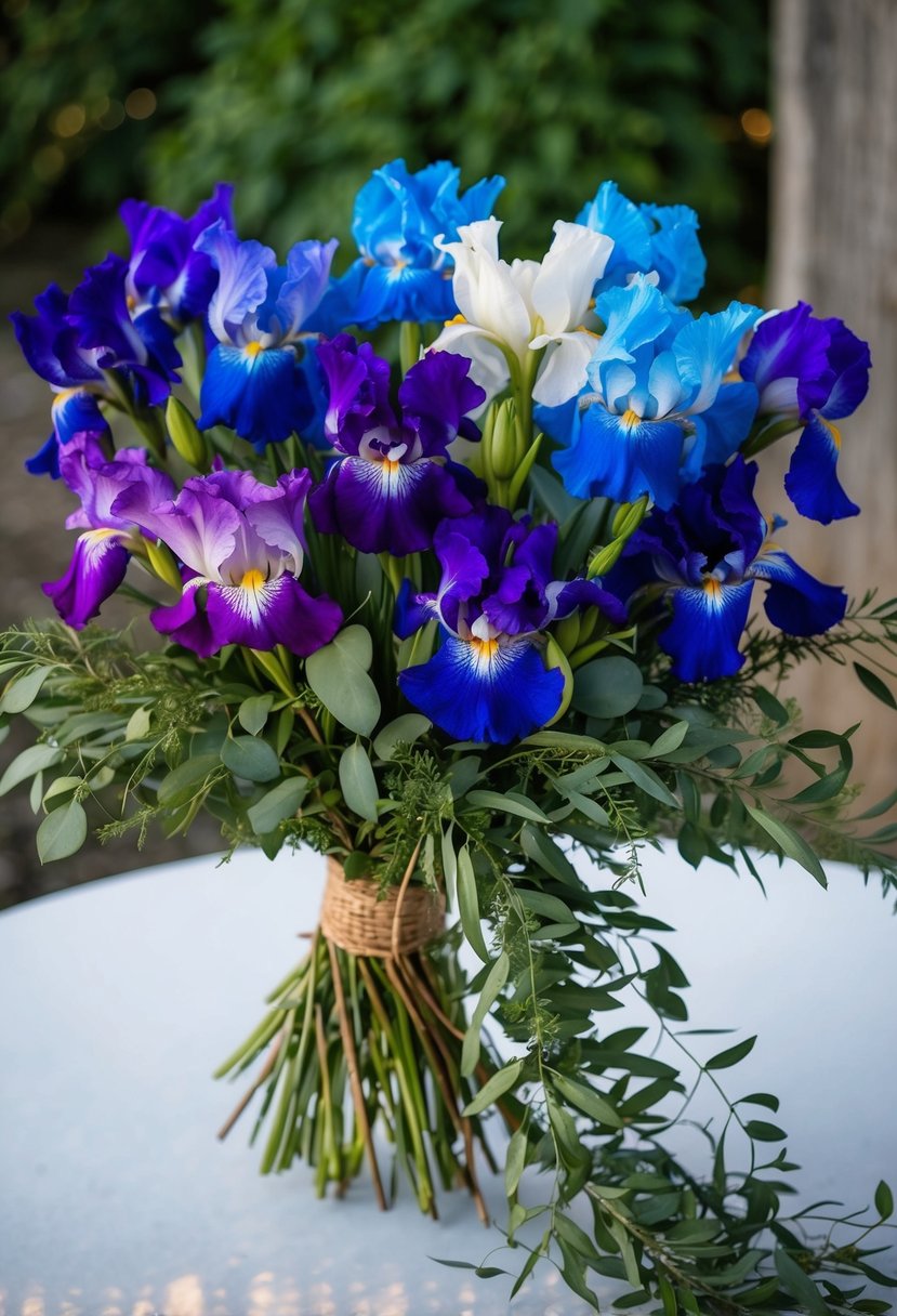 A vibrant bouquet of irises in shades of purple, blue, and white, arranged in a rustic, hand-tied style with trailing greenery