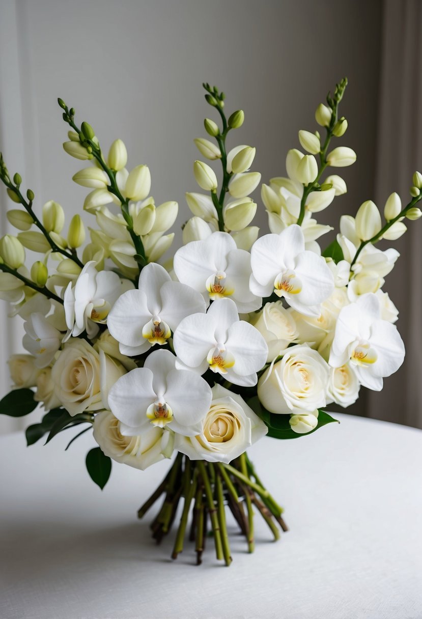 A delicate bouquet of white spray orchids and gardenias, arranged in an elegant and timeless manner