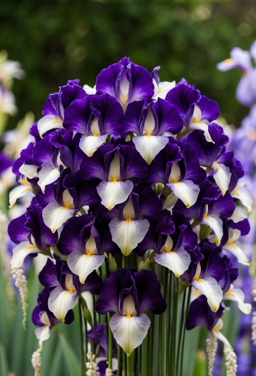 A lush bouquet of purple and ivory iris flowers arranged in a delicate, cascading design