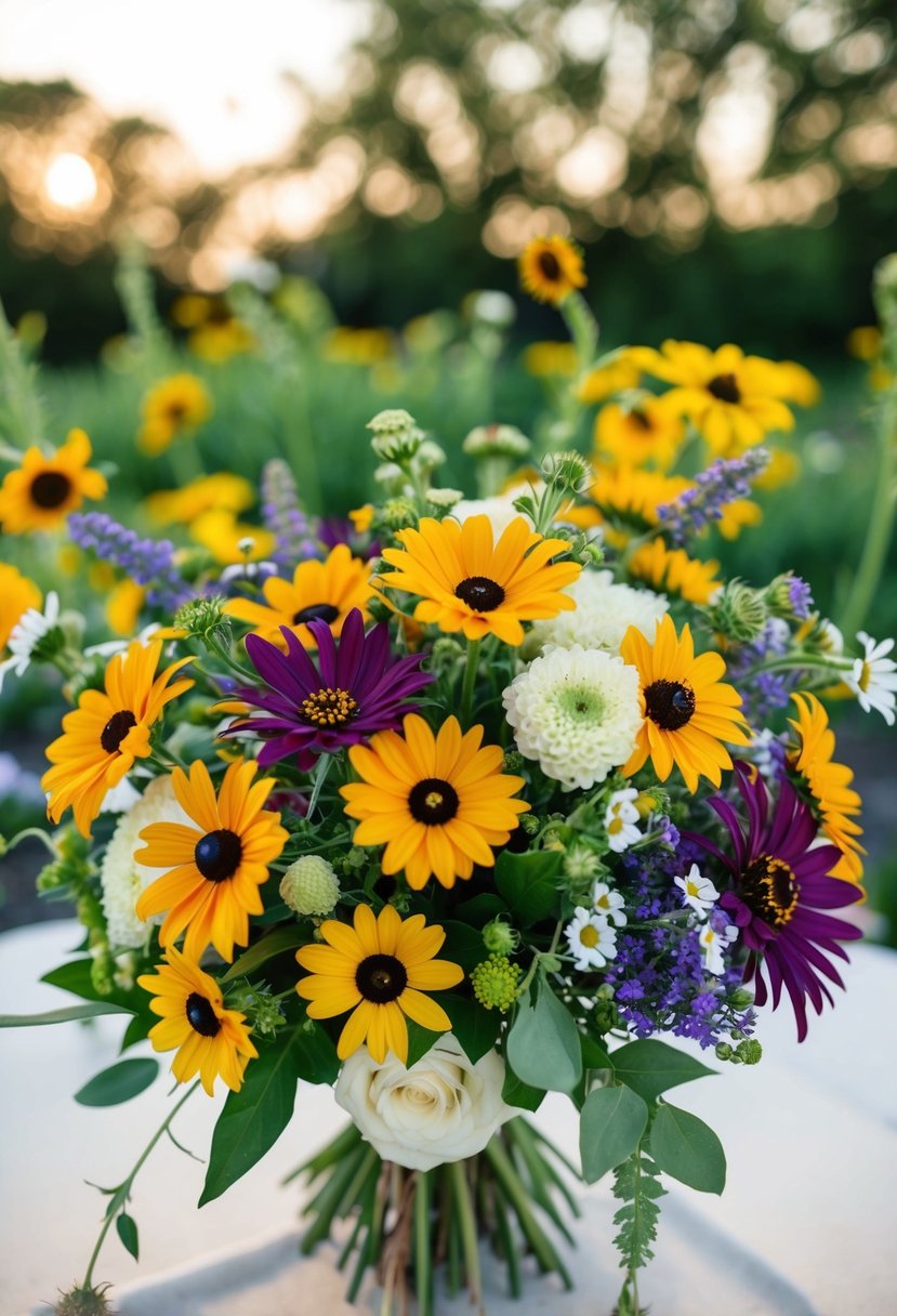 A vibrant bouquet of wildflowers, including black-eyed Susans, arranged elegantly for a wedding