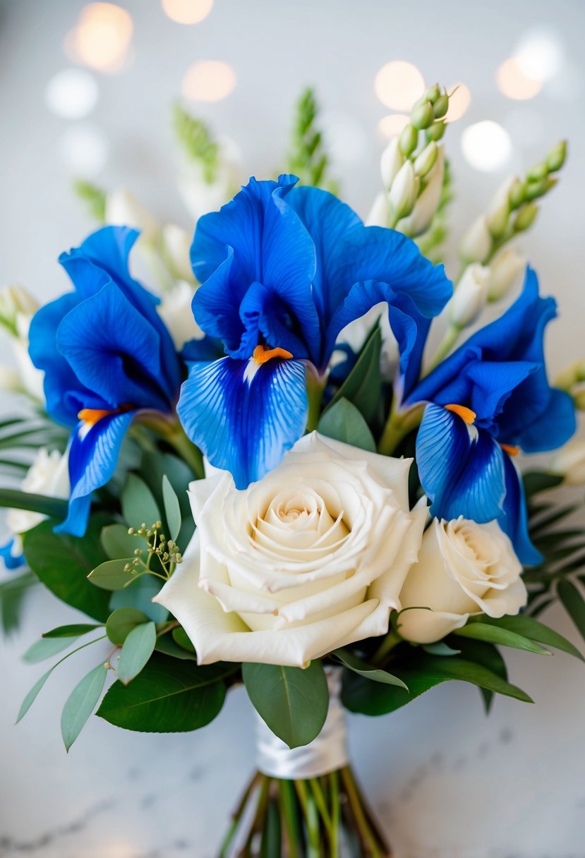 A blue iris and white rose wedding bouquet, arranged in a delicate and elegant manner