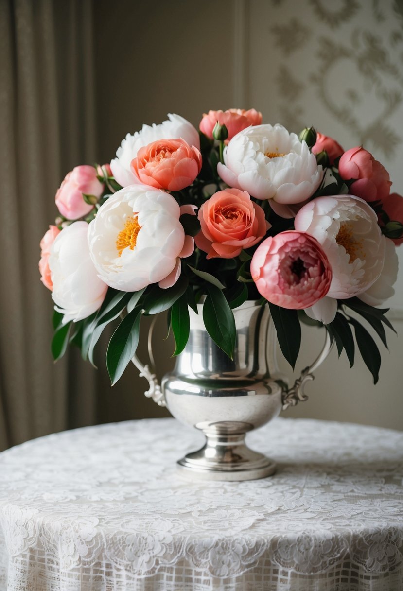 A lush bouquet of peonies and coral roses in a silver vase on a lace-covered table