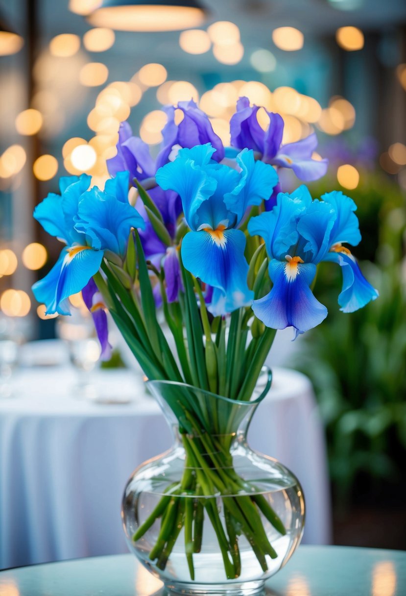 A clear vase holds a bouquet of light blue irises and lavender irises