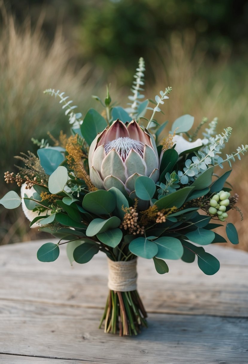 A rustic wedding bouquet featuring protea and eucalyptus, with delicate greenery and earthy tones