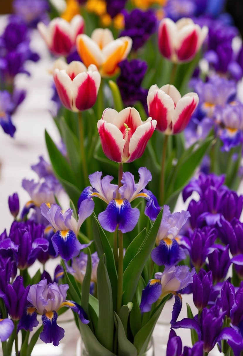 A vibrant bouquet of tulips and irises arranged in a delicate, cascading display