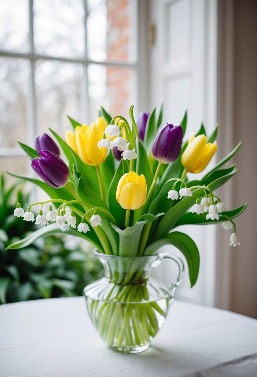 A simple bouquet of tulips and lily of the valley arranged in an elegant and graceful manner