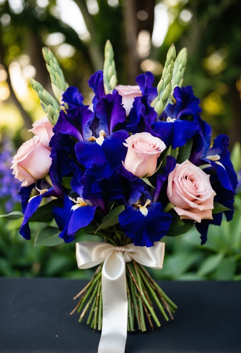 A lush bouquet of deep violet irises and blush roses, tied with a satin ribbon