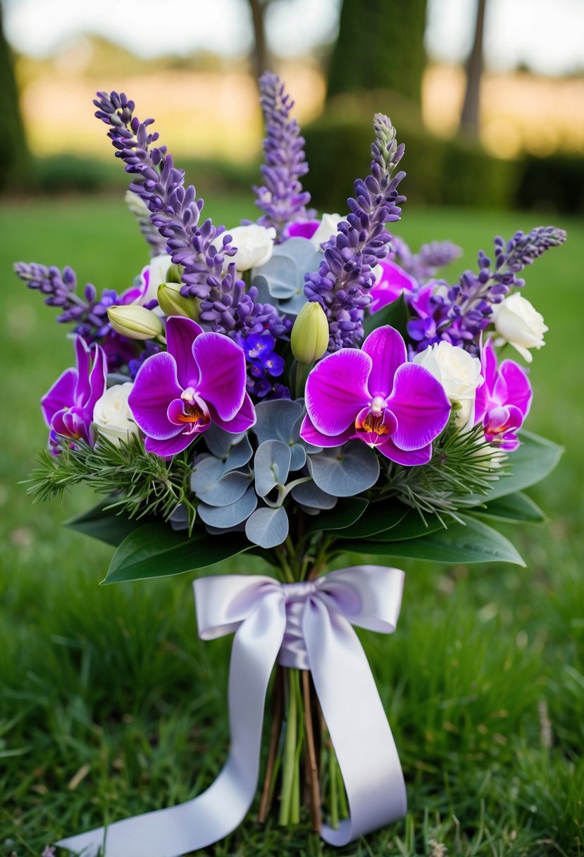 A vibrant purple wedding bouquet with lavender, lilac, and orchids, surrounded by greenery and tied with a satin ribbon