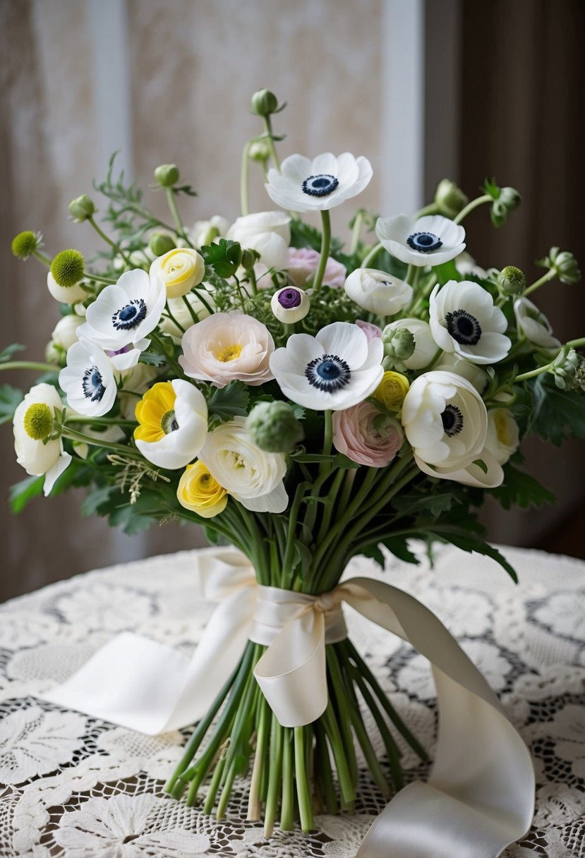 A lush bouquet of chic anemones and delicate ranunculus, tied with a flowing ribbon, sits atop a vintage lace tablecloth