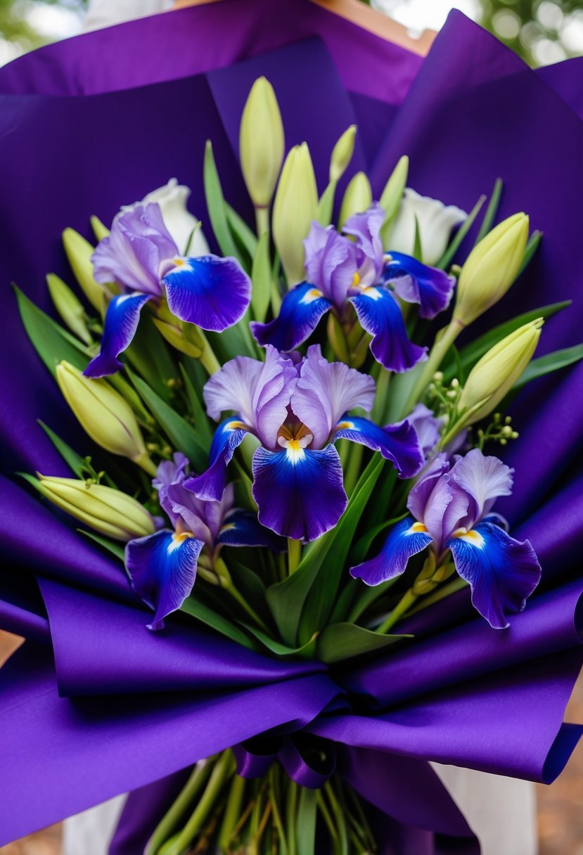 A purple wrap surrounds a stunning iris wedding bouquet, showcasing elegant and vibrant floral arrangements