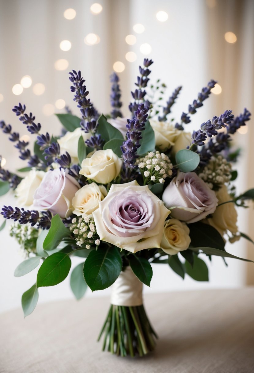 A vintage-inspired wedding bouquet featuring lavender and rose, arranged in an elegant and romantic style