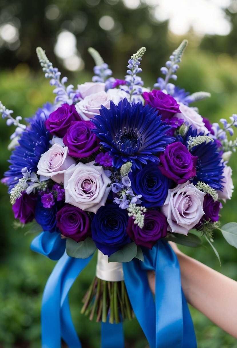 A lush bridal bouquet with deep purple and light purple flowers, accented with flowing blue ribbons