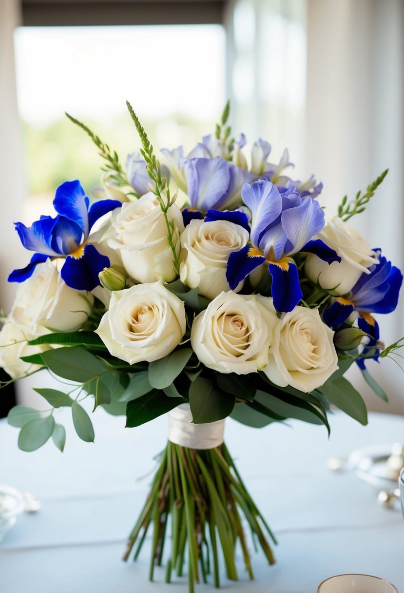 A bouquet of ivory roses and iris flowers arranged in a delicate wedding arrangement