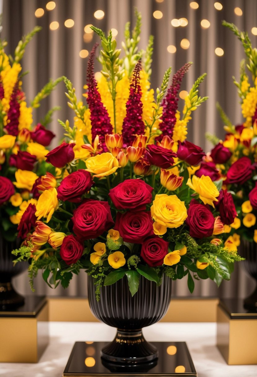 A vibrant bouquet of crimson and yellow flowers arranged in an elegant and dramatic display