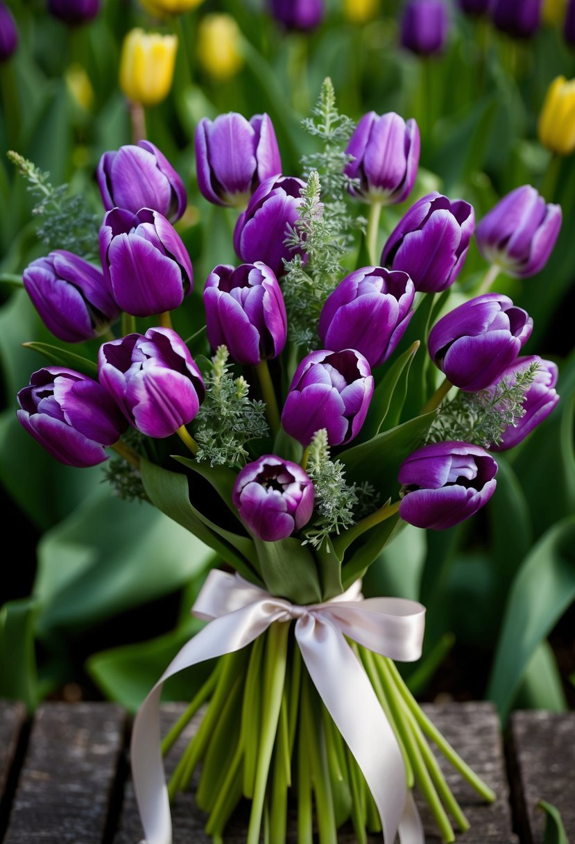 A lush bouquet of violet tulips, accented with delicate greenery and tied with a satin ribbon