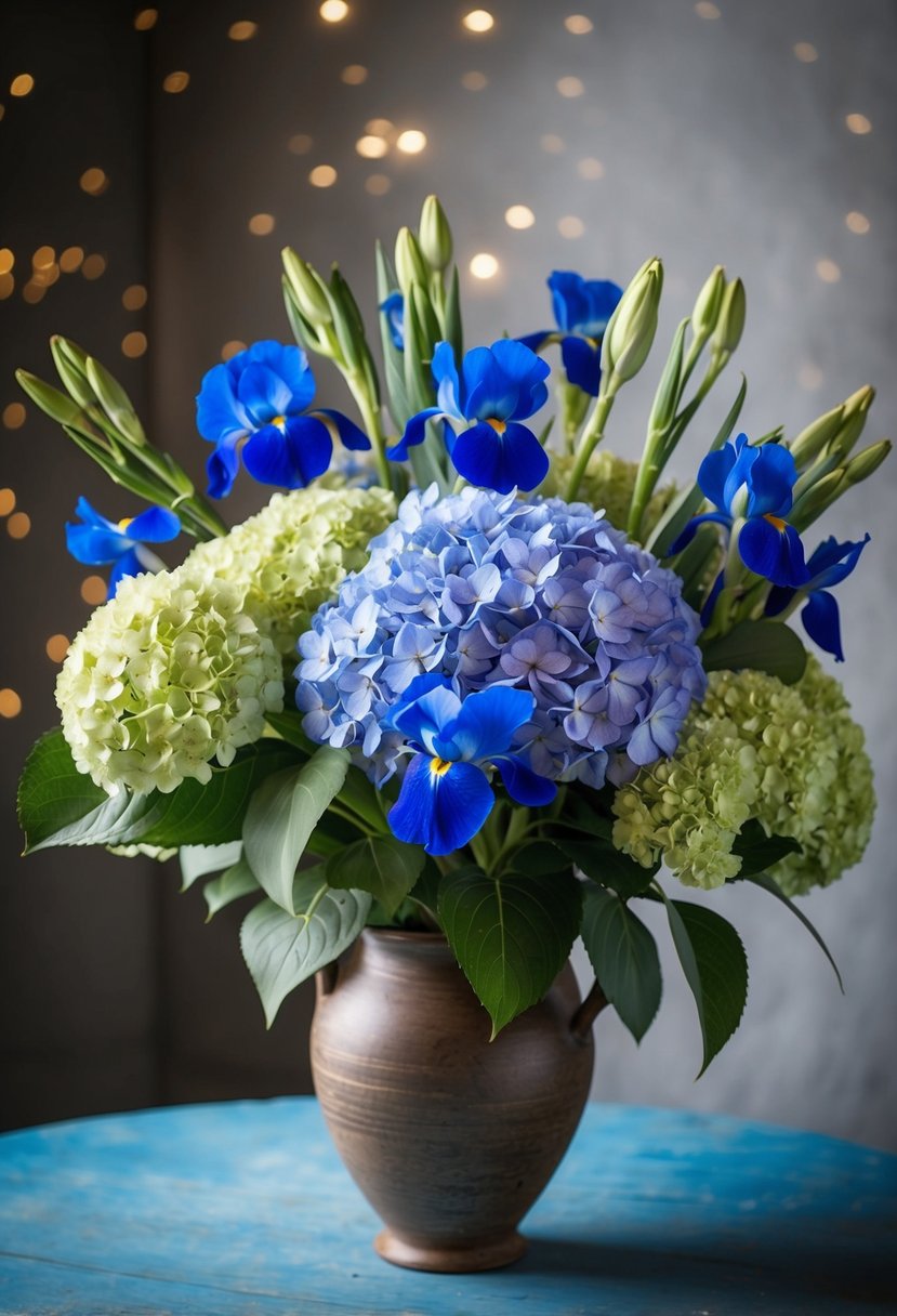 A lush bouquet of hydrangeas and blue irises arranged in a rustic vase