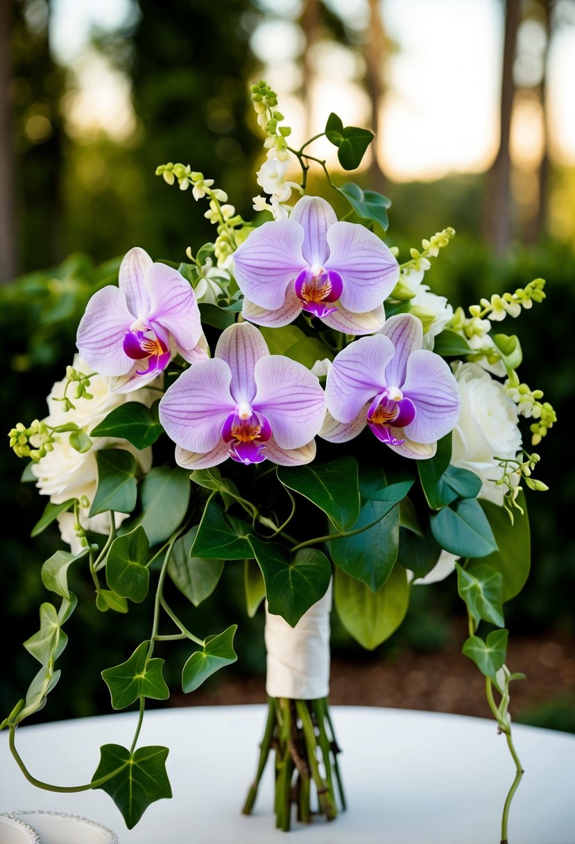 Elegant orchids and ivy intertwined in a wedding bouquet