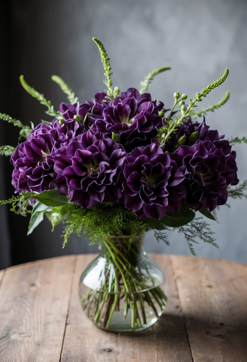 A lush bouquet of monochromatic eggplant lisianthus blooms, accented with delicate greenery, sits in a glass vase on a rustic wooden table