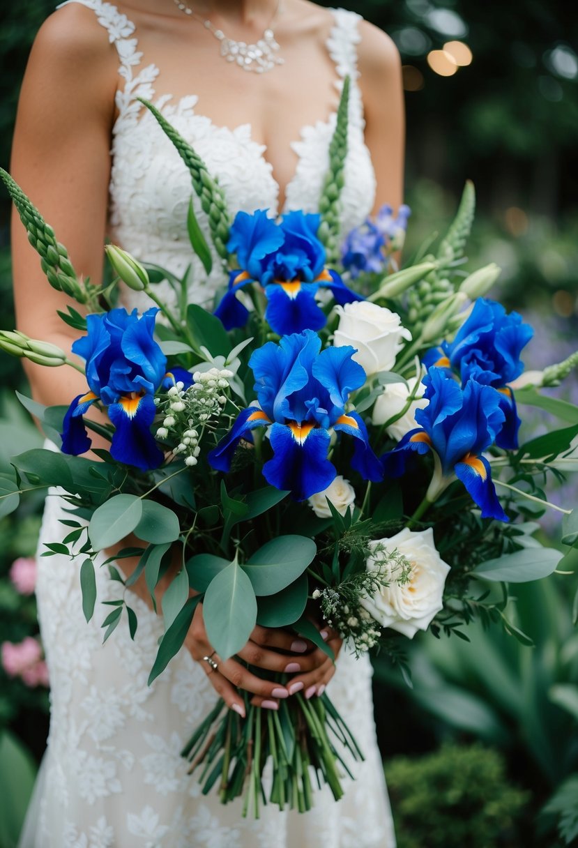 A lush wedding bouquet of irises and greenery