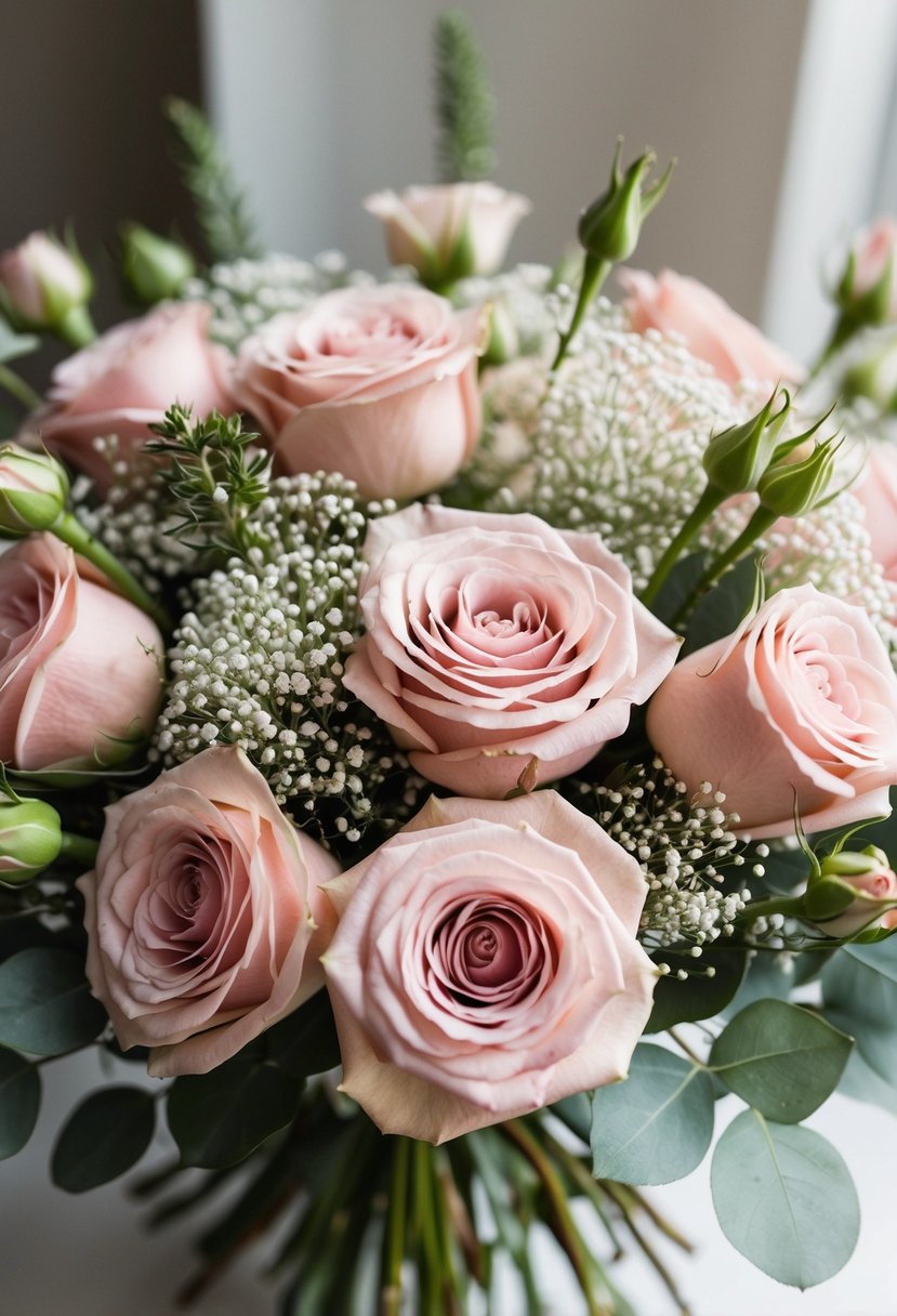 A lush bouquet of blush roses and delicate baby's breath, arranged in an elegant and romantic style