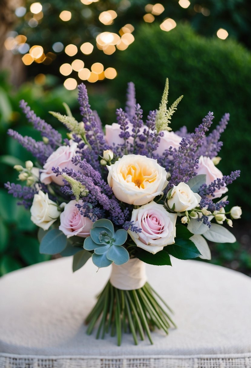 A lush bouquet of lavender, roses, and astilbe, arranged in an elegant and romantic style