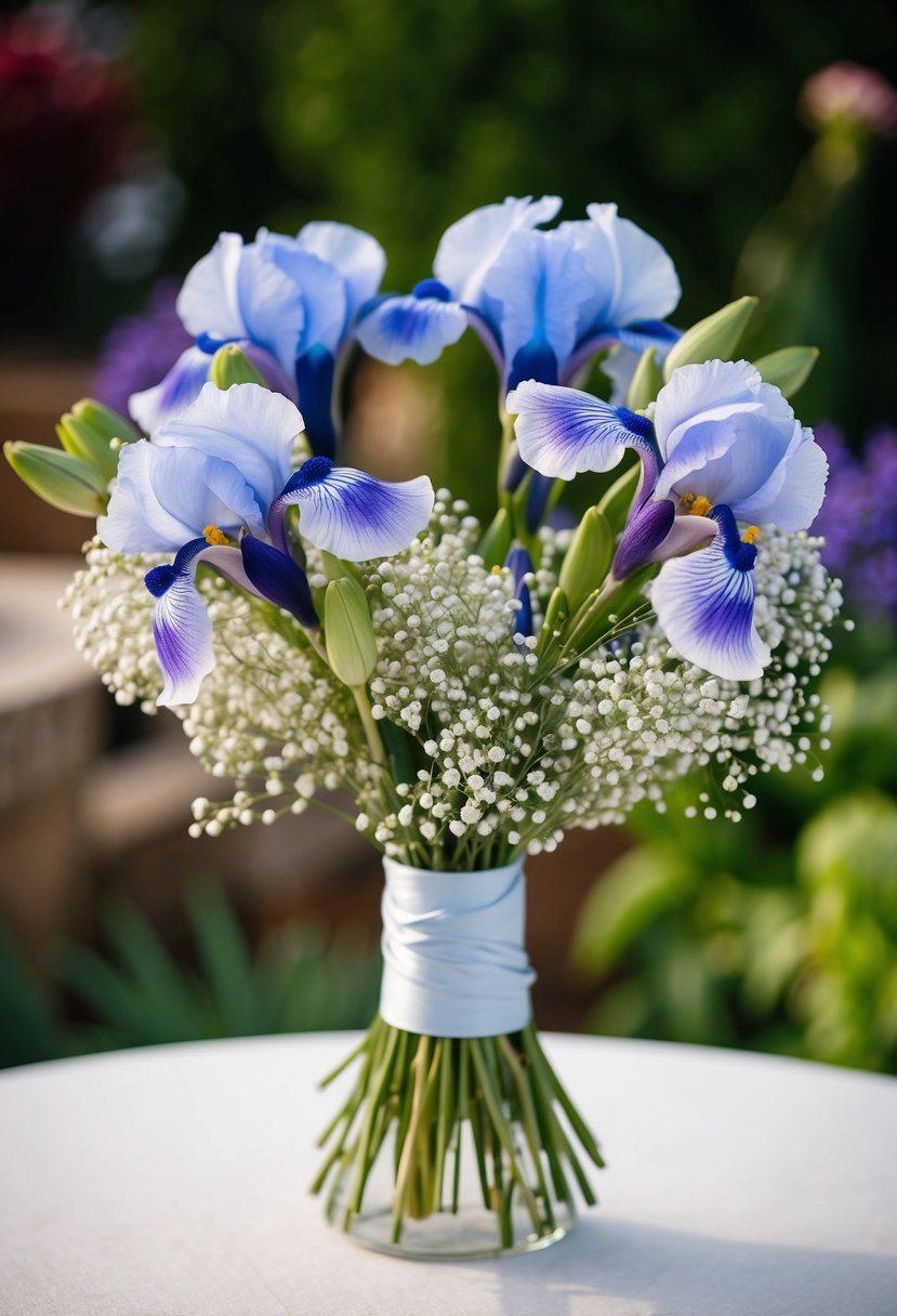 A delicate iris bouquet with baby's breath, arranged in a charming and elegant style