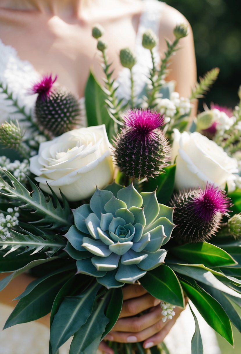 A modern succulent and thistle arrangement in an elegant wedding bouquet