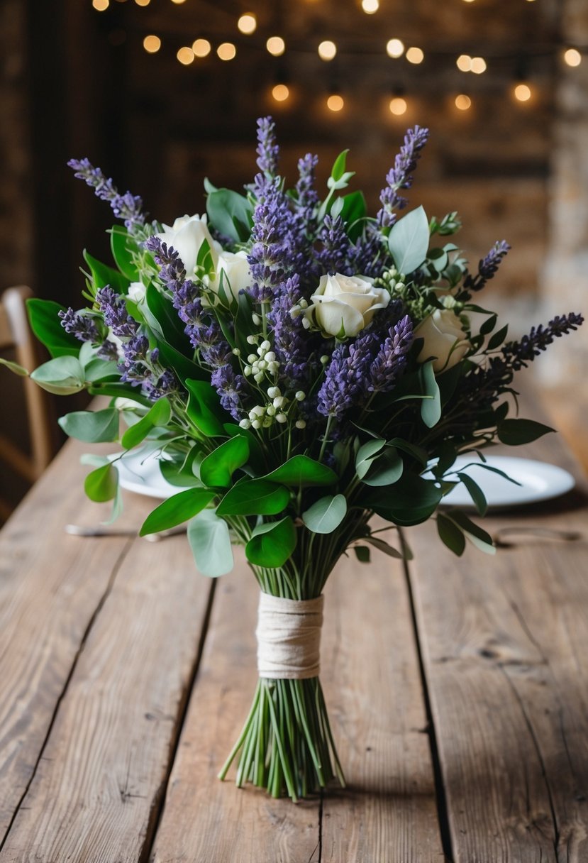 A hand-tied lavender bouquet with greenery sits on a rustic wooden table, ready for a romantic wedding celebration